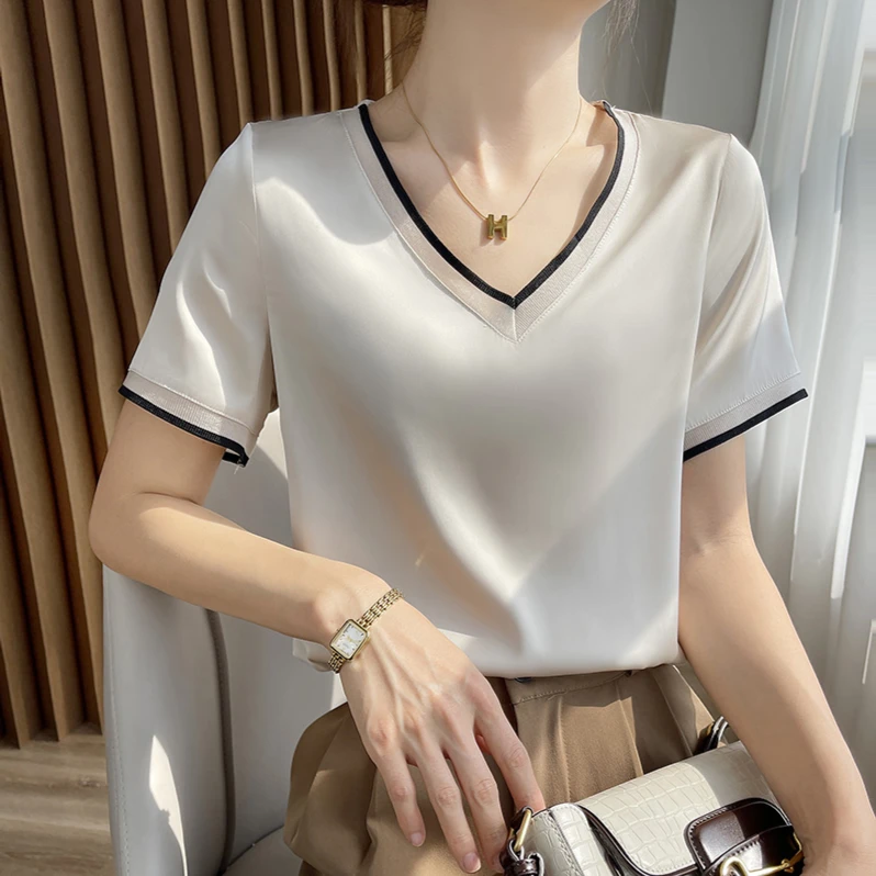 夏季新款拼接短袖T恤衫女圆领V领丝网纱宽松短款气质缎面上衣洋气