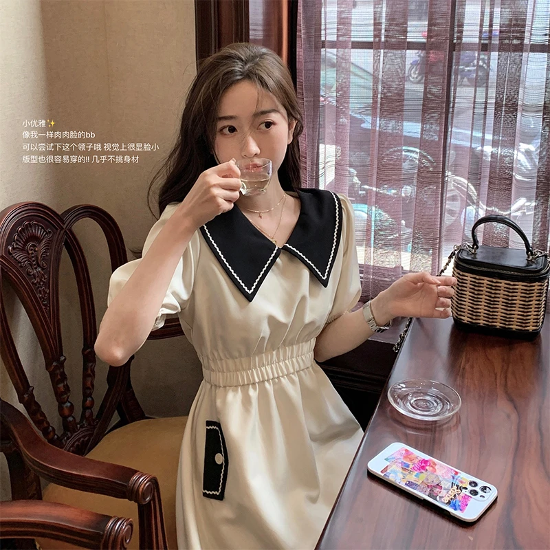 肉完黑色赫本风法式连衣裙女夏小黑裙小个子复古泡泡袖气质小裙子