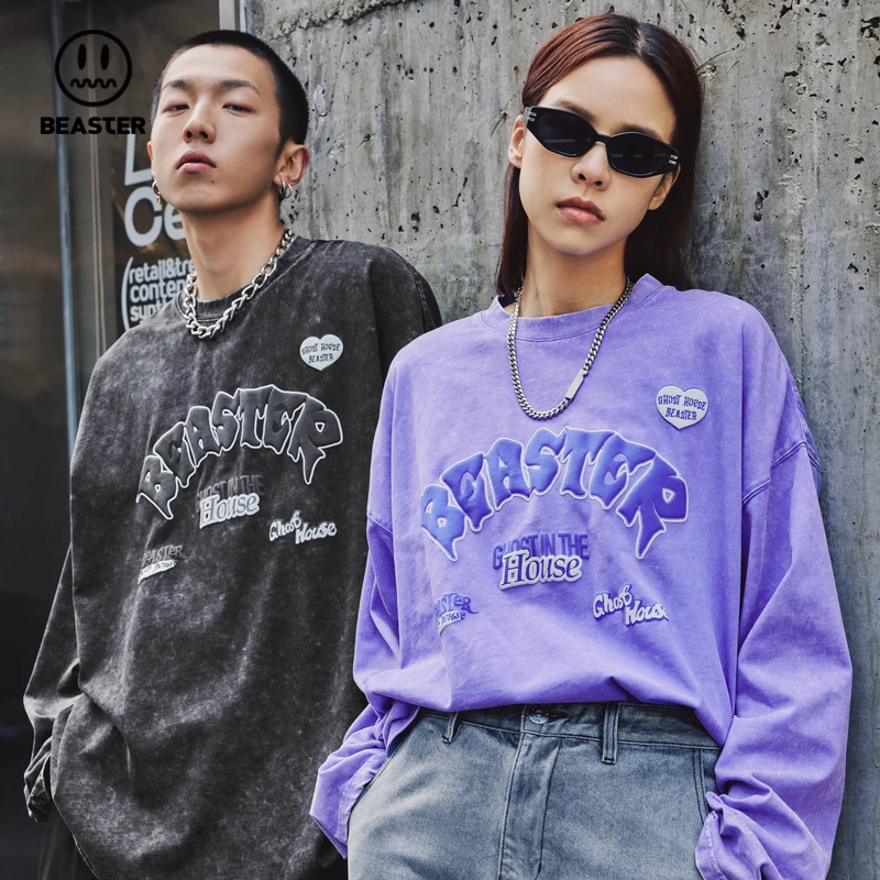 BEASTER潮牌嘻哈复古长袖t恤宽松印花上衣
