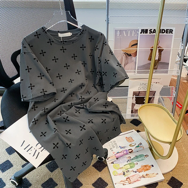 0378#灰色克罗图案纯棉短袖t恤女夏季2025新款十字架网红款上衣潮