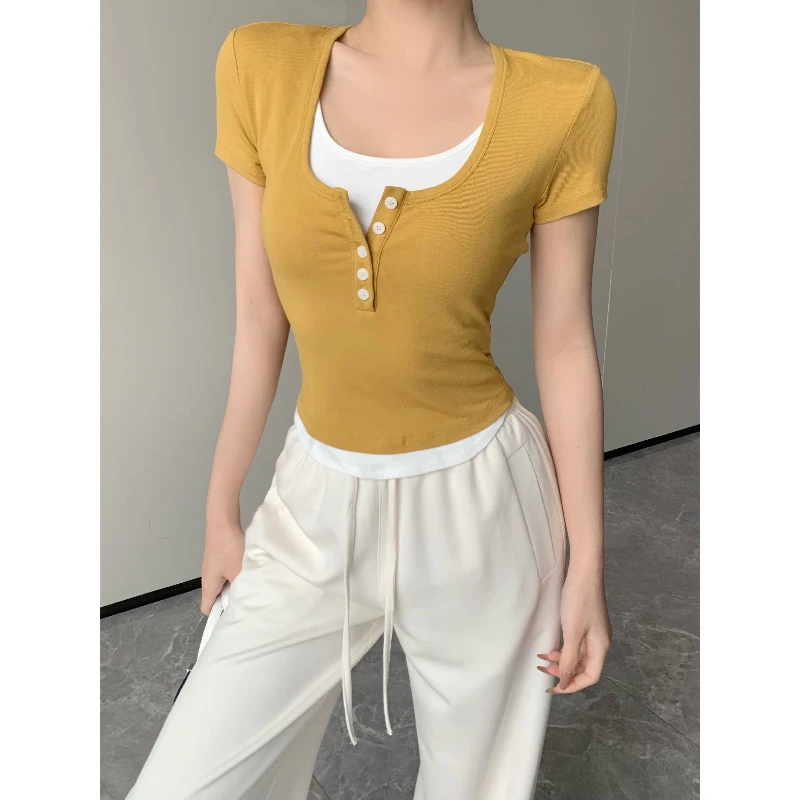 JIJINQI【现货】夏季显瘦设计感假两件修身百搭短袖t恤 JINQC0512