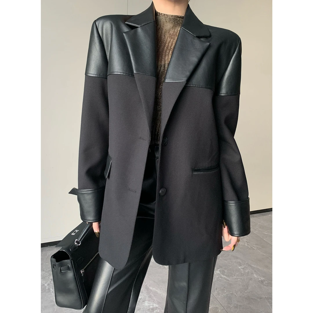 JIJINQI2024时尚休闲黑色外套秋冬新款翻领拼接外套 JC07WZPT284