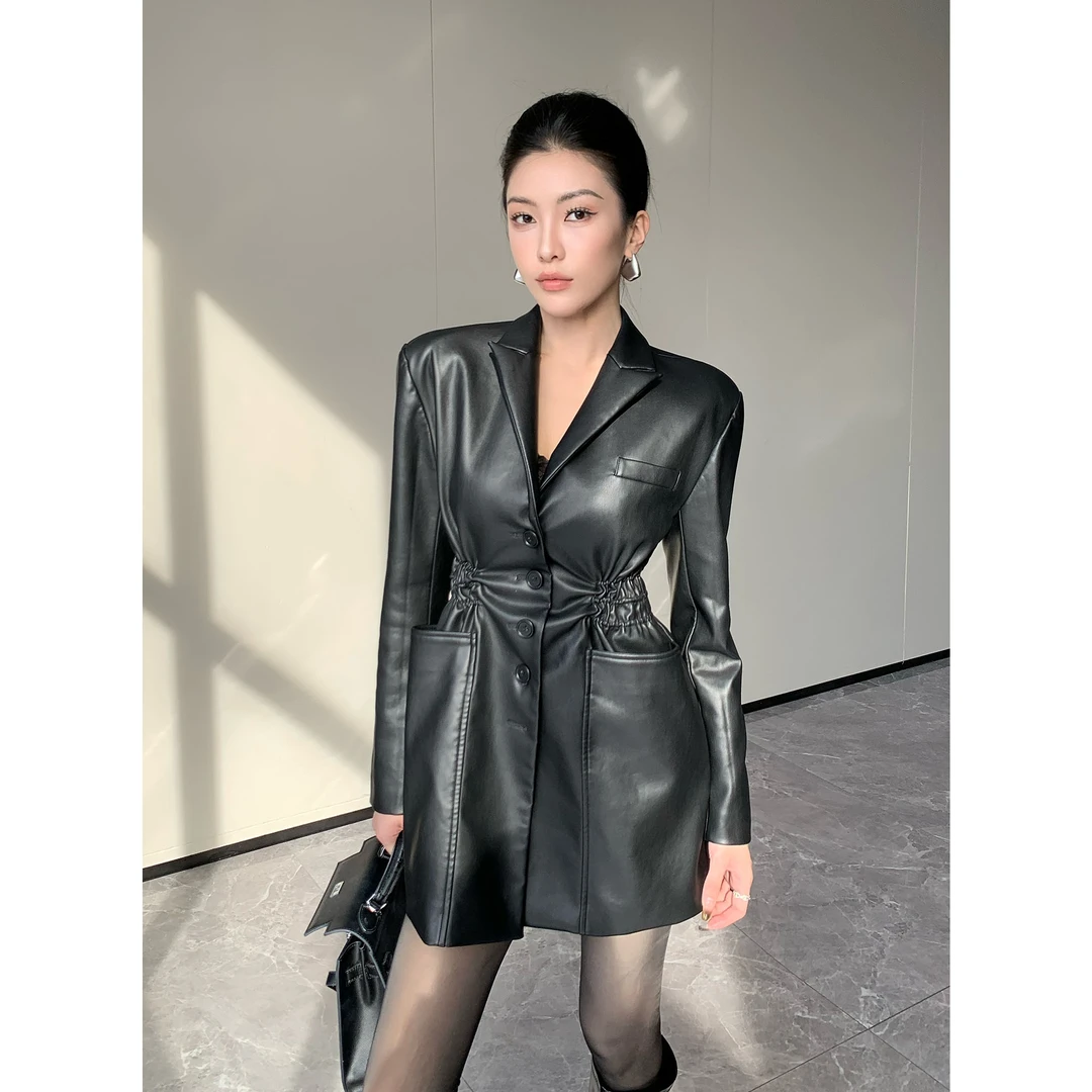 JIJINQI时尚休闲黑色修身百搭皮衣秋季上衣收腰外套  JC08WZXL193