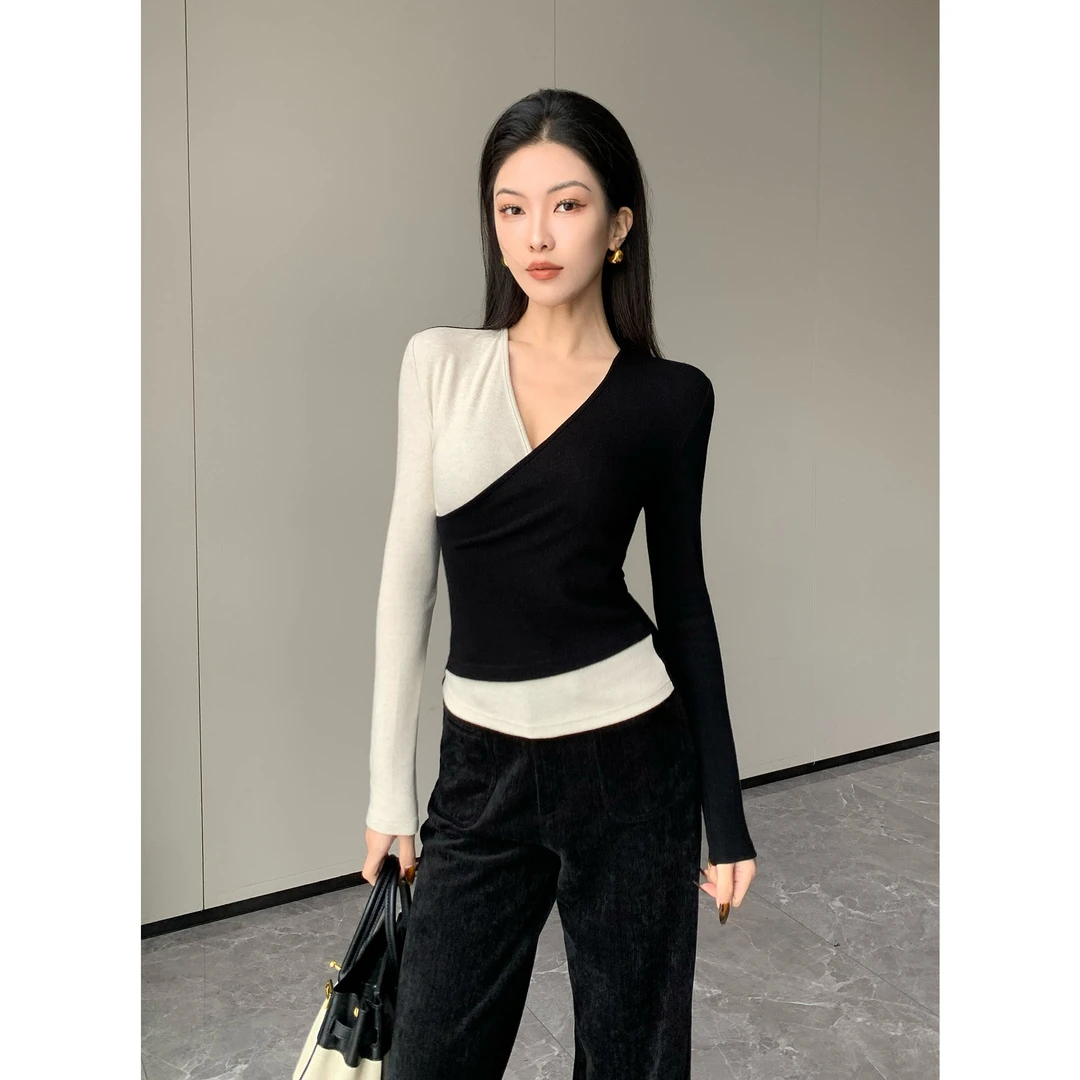JIJINQI百搭时尚气质显瘦修身打底上衣撞色拼接针织衫JC10SZPT585