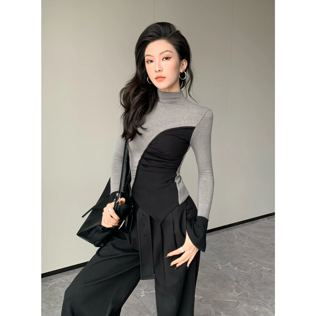 JIJINQI显瘦气质时尚长袖设计感撞色不规则打底衫上衣JC11SZHM068