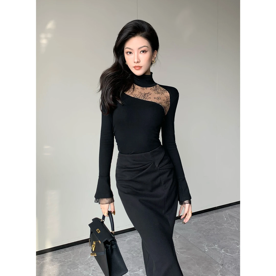 JIJINQI显瘦气质时尚长袖秋冬镂空修身打底针织衫上衣JC11SZPT647