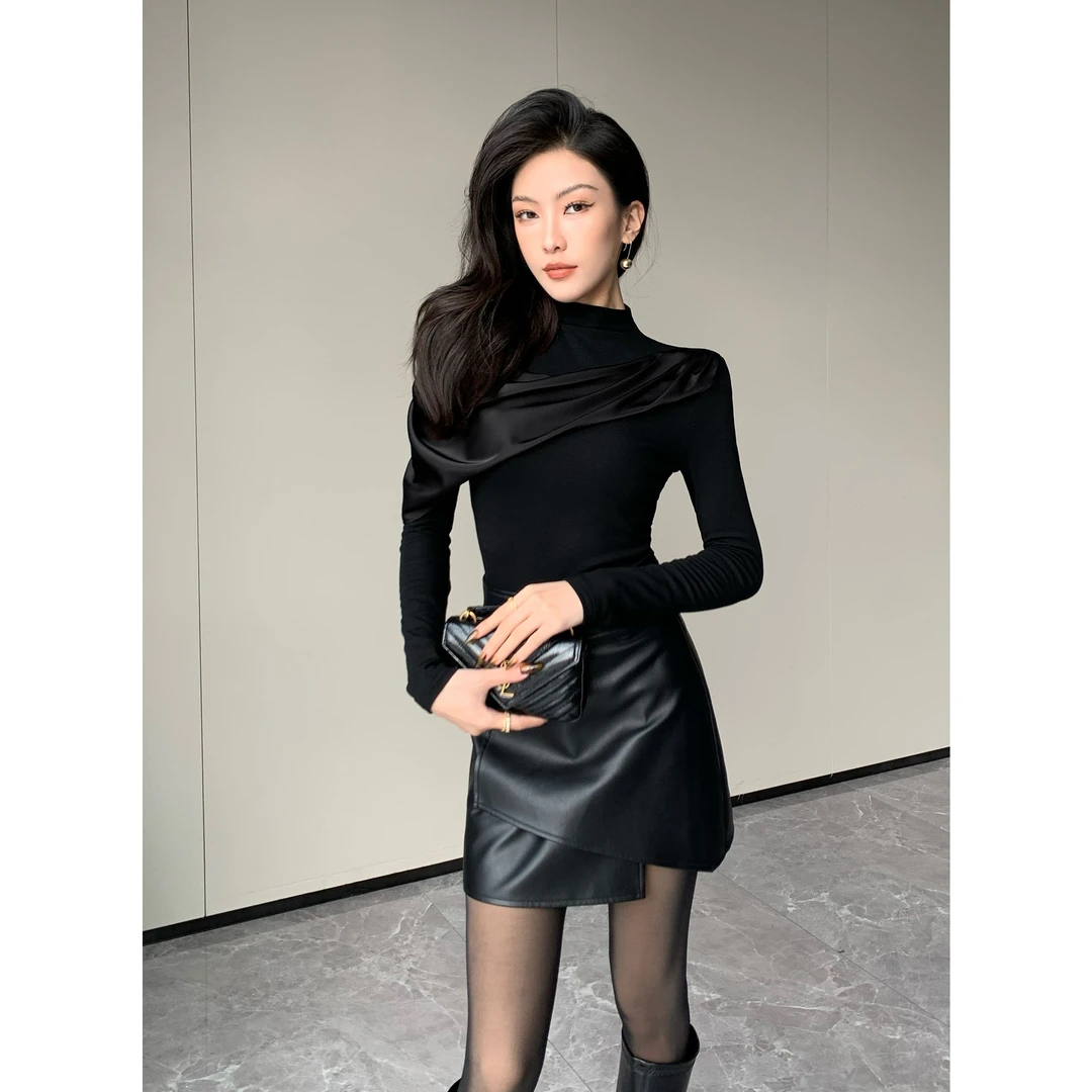 JIJINQI显瘦气质长袖黑色设计感百搭修身半高领上衣女JC11SZPT658