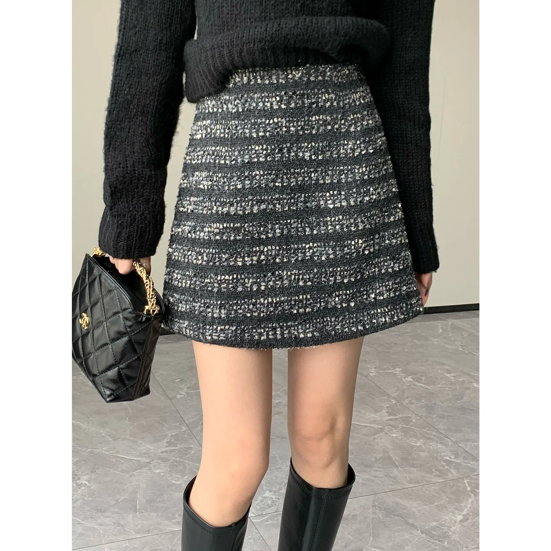 JIJINQI时尚百搭小香风编织半身裙秋冬A字高腰短裙女 JC12BZHM161