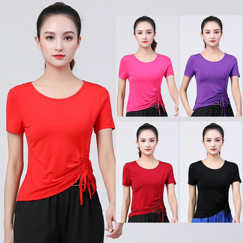 时尚广场舞上衣新款莫代尔t恤女夏季圆领短袖跳舞衣服中老年服装