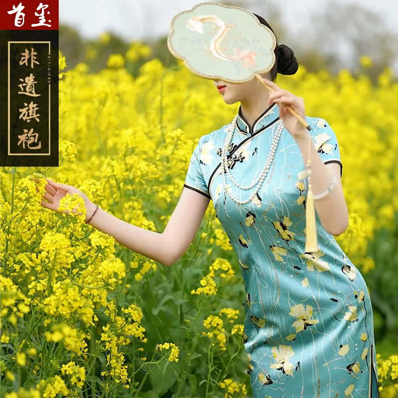 首玺 52017 夏季高档全开襟桑蚕丝面料醋酸里布里外同花色旗袍
