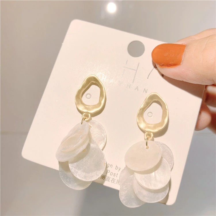 合金贝壳耳饰 韩国圆片流苏耳环长款个性小清新耳坠网红耳钉女