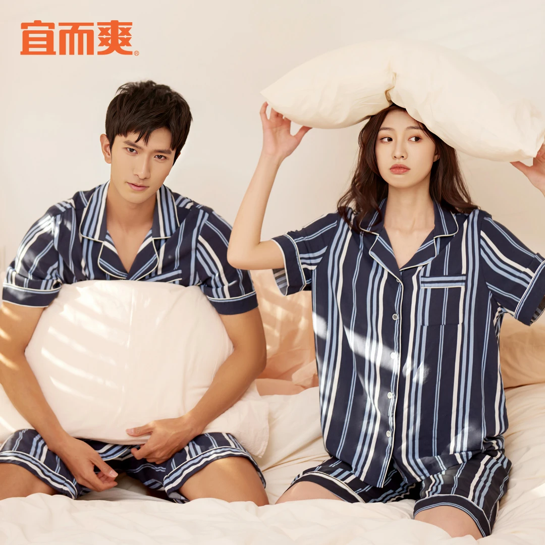 【直播】短袖+短裤宜而爽夏季男女梭织人棉清凉舒适家居服套装睡衣