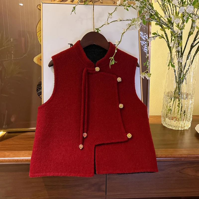 壹妈童装女童新年战袍拜年服秋冬红色毛呢马甲儿童洋气新中式上衣