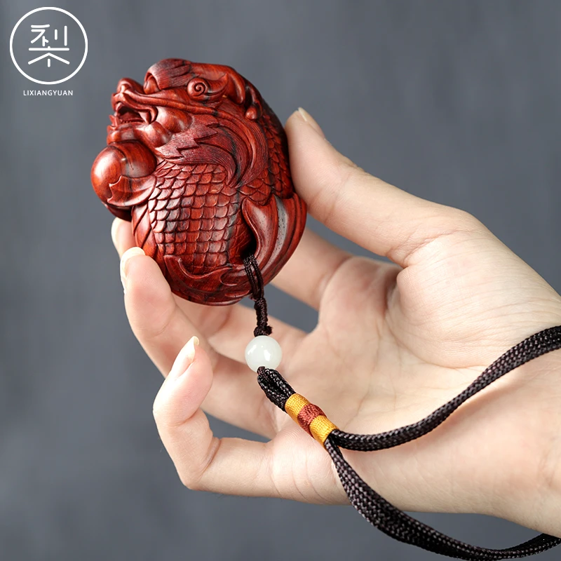 梨香院 鱼化龙手把件 印度小叶紫檀木手工雕刻男士随身盘玩手玩件