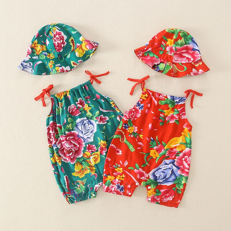 东北大花婴儿衣服人造棉夏季背带连体衣男女宝宝绵绸薄款哈衣夏装