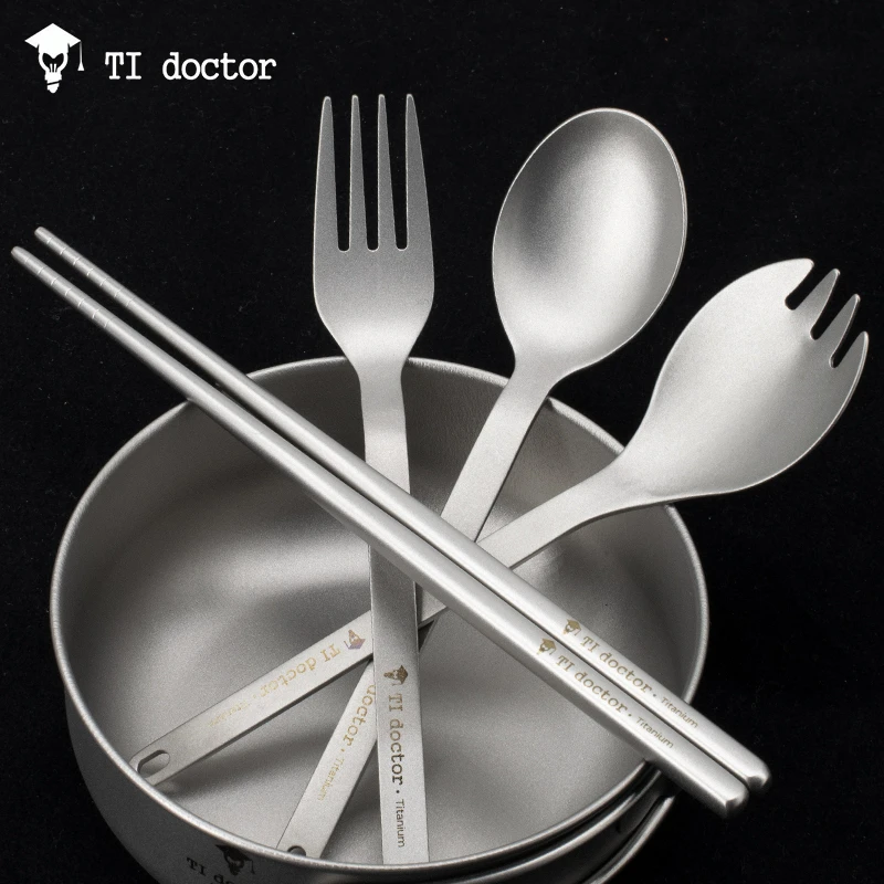 Ti doctor/钛博士纯钛直柄勺子叉子沙拉勺短筷子组合户外家用餐具