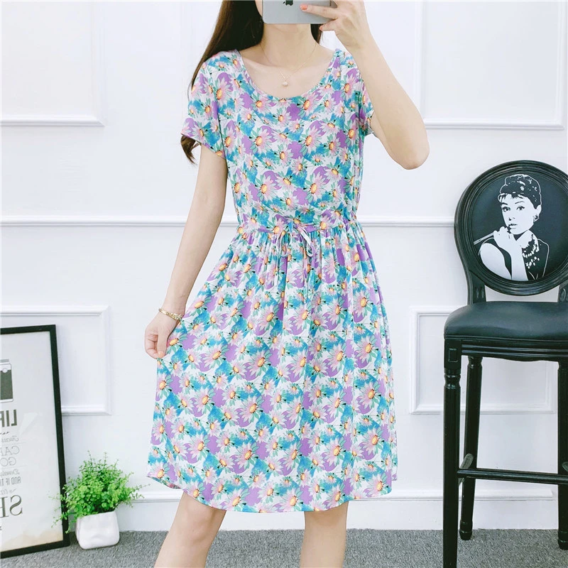 碎花棉绸连衣裙女夏时尚外穿中长人造棉收腰大码绵绸短袖沙滩裙