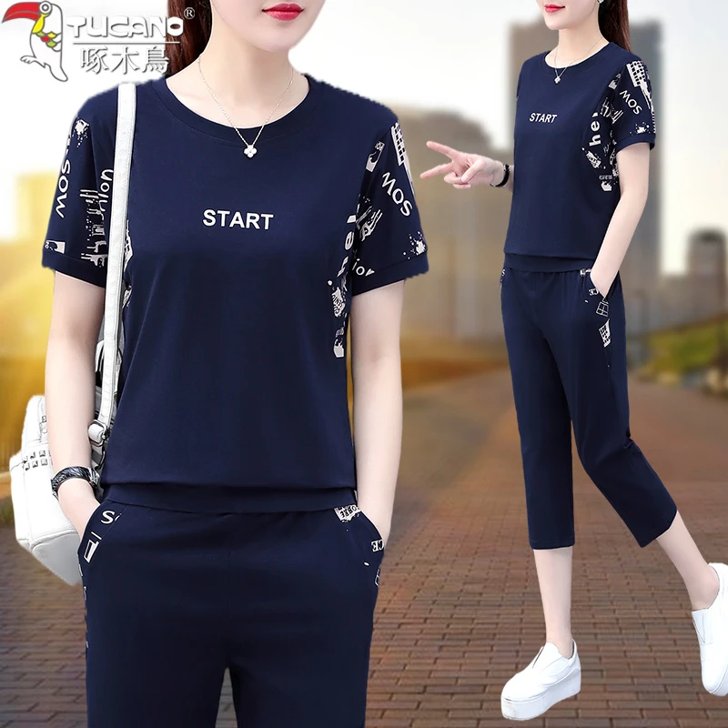 【官方品牌】啄木鸟运动服套装女装夏季2024年新款潮跑步七分裤两件