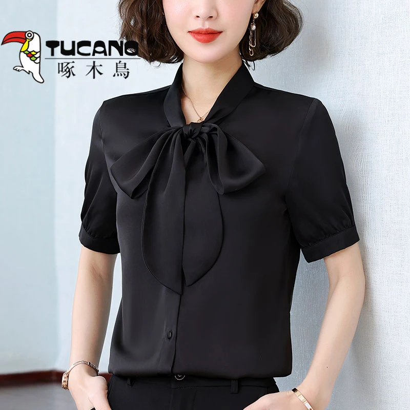 【官方品牌】啄木鸟黑色雪纺衬衫女小众夏季2026新款百搭显瘦潮衬衣