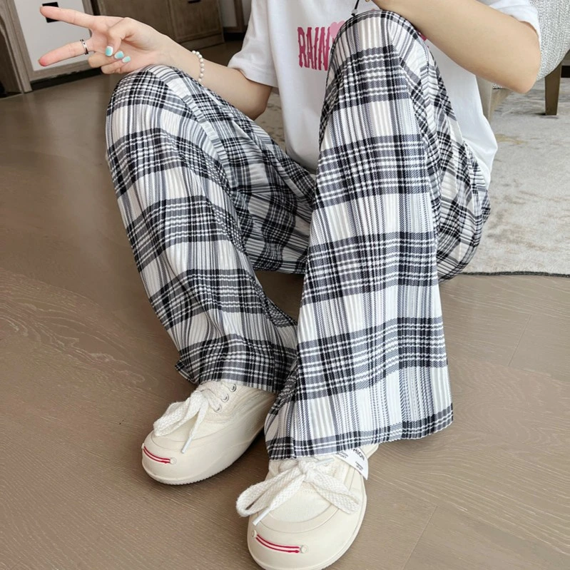格子阔腿裤女夏季新款高腰宽松压皱休闲裤薄款垂感显瘦直筒拖地裤