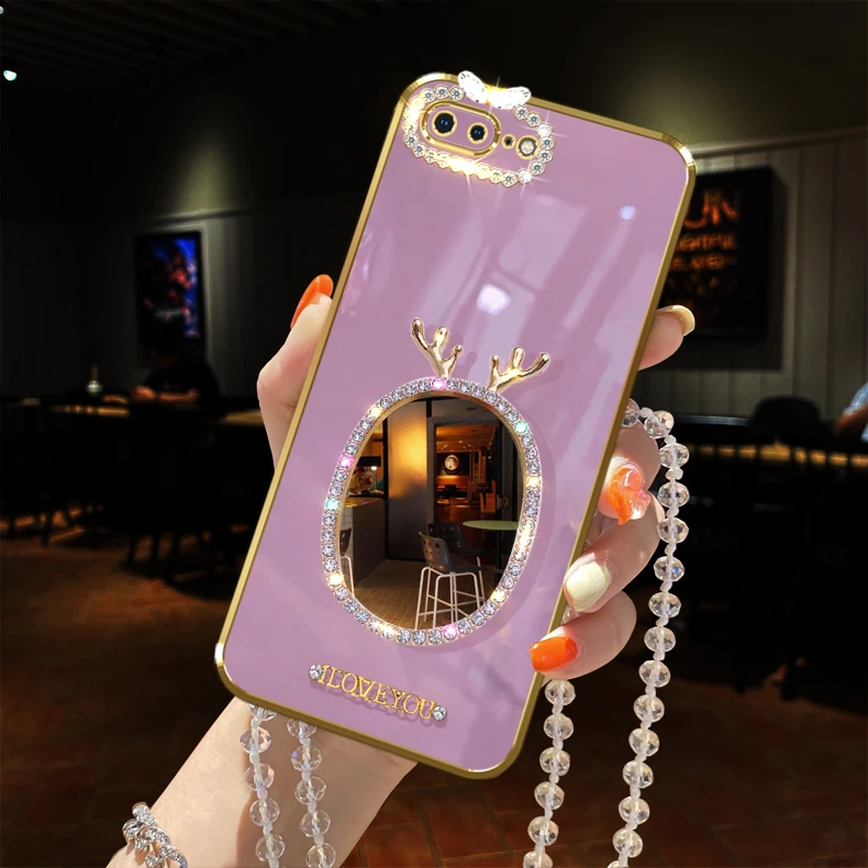 苹果8plus手机壳iPhone新品镶闪钻女款麋鹿化妆镜防摔保护套链子