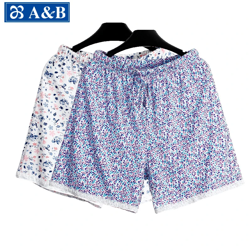 AB女士阿罗裤夏季中老年妈妈碎花家居大码宽松印花短裤高腰睡裤