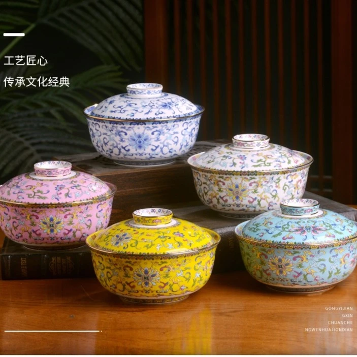 缠枝7英寸保温汤碗景德镇瓷金边珐琅彩带盖汤碗泡面碗直径18cm