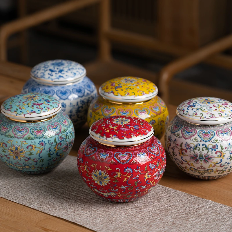 景德镇瓷珐琅彩缠枝莲球形罐储存罐糖罐茶叶罐密封罐约半斤散茶