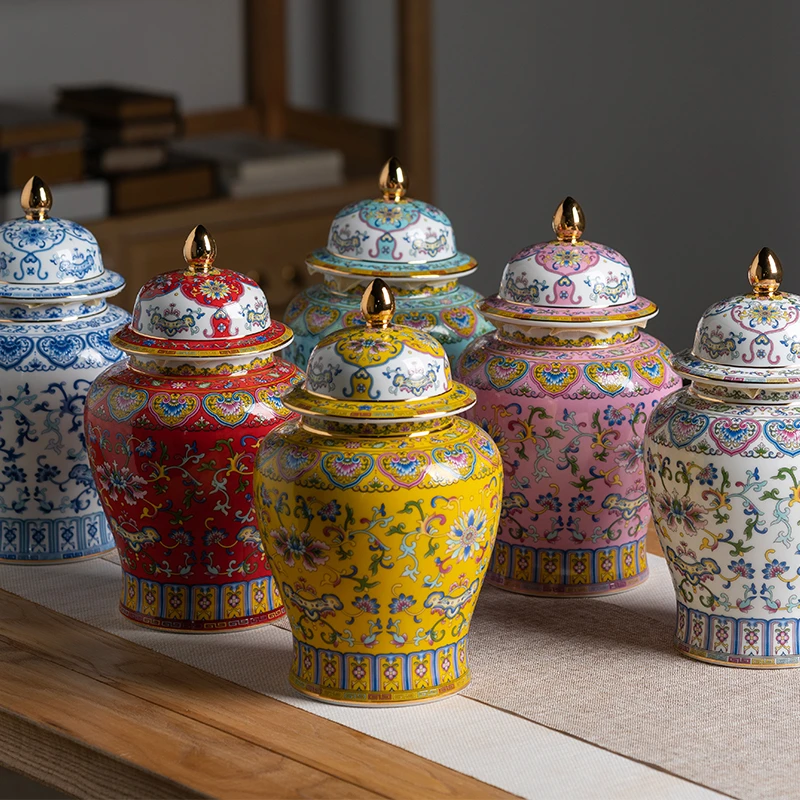 景德镇金边珐琅彩将军罐储存罐茶叶罐摆件高度25cm