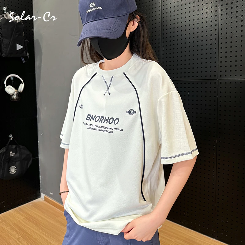 夏季速干复古拼色印花短袖时尚圆领户外宽松百搭T恤潮流小众半袖