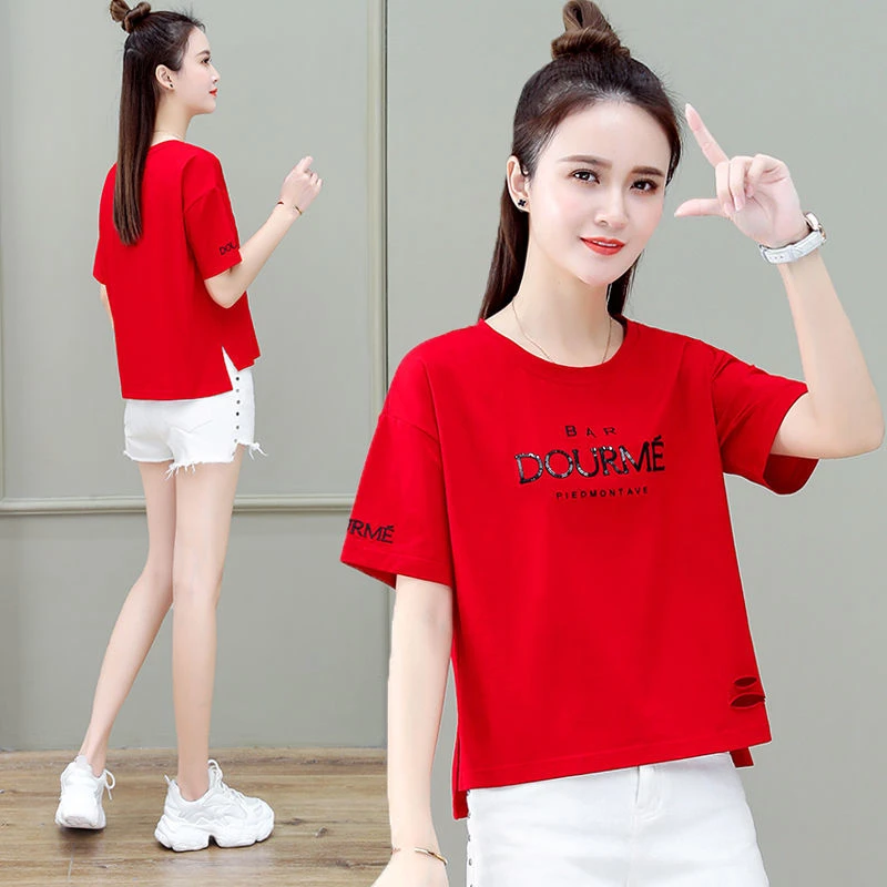 短款纯棉t恤女装短袖2023今年流行夏季新款宽松潮破洞时尚洋气