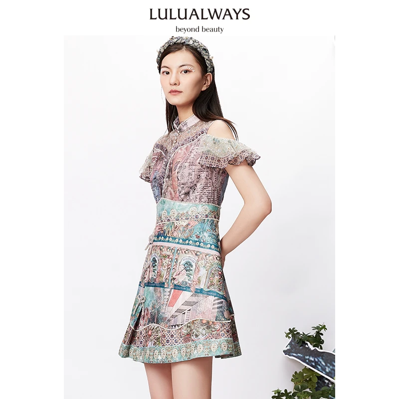 LULUALWAYS新款复古亮片蝴蝶结拼接镂空连衣裙女LMB5212