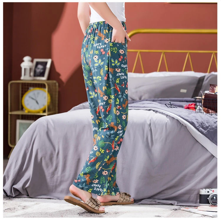 棉绸睡裤女士夏季薄款大码人造棉沙滩防蚊外穿家居碎花长裤子宽松