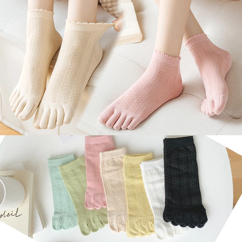 五指袜女夏季薄款镂空日系纯色透气网眼短筒分趾袜吸汗防臭五趾袜