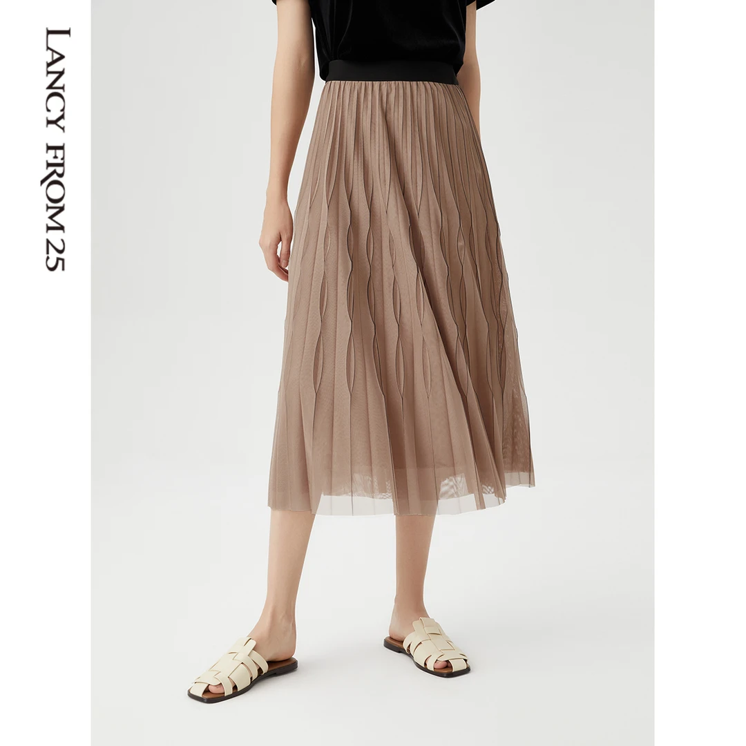 朗姿气质重工八字压褶网纱A摆半裙显瘦半身裙长款百褶裙高腰