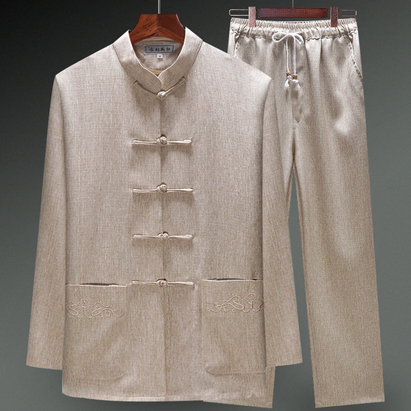 新款男士中老年薄款长袖中国风复古盘扣套装爸爸春秋衬衫