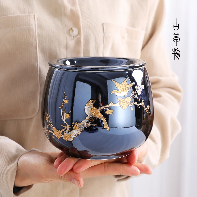陶瓷带盖大号杯洗简约家用复古水盂茶洗建水桌面茶渣缸茶具零配件