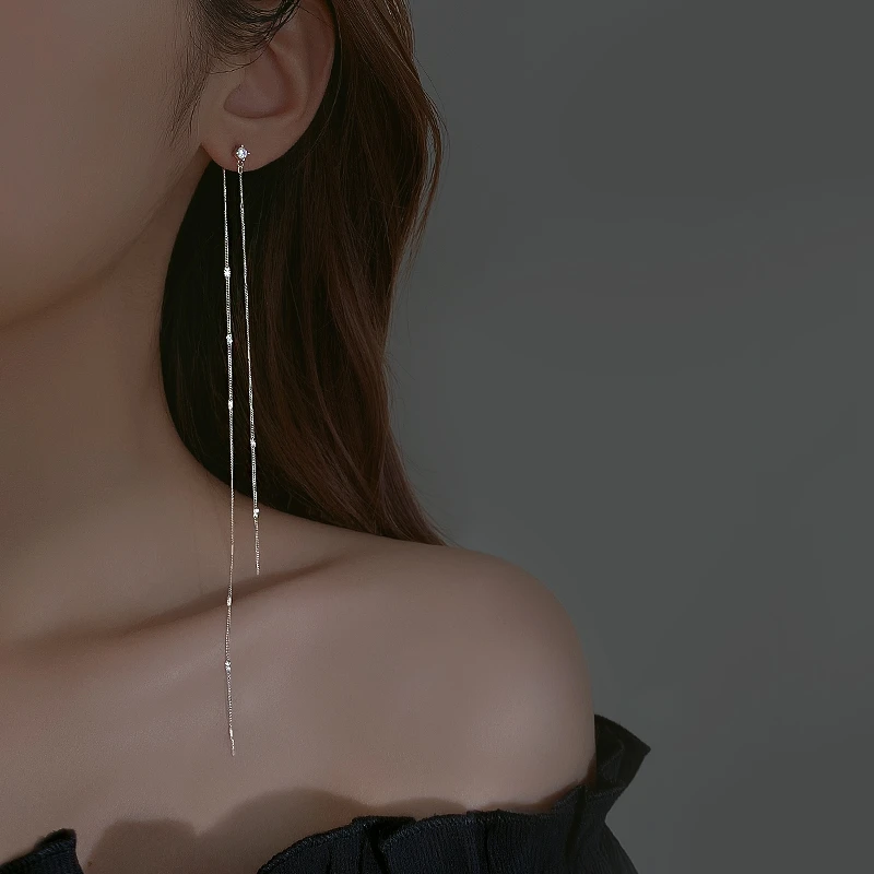 925银合成锆石耳饰 女2022小众高级感气质长流苏耳线耳饰链设计感
