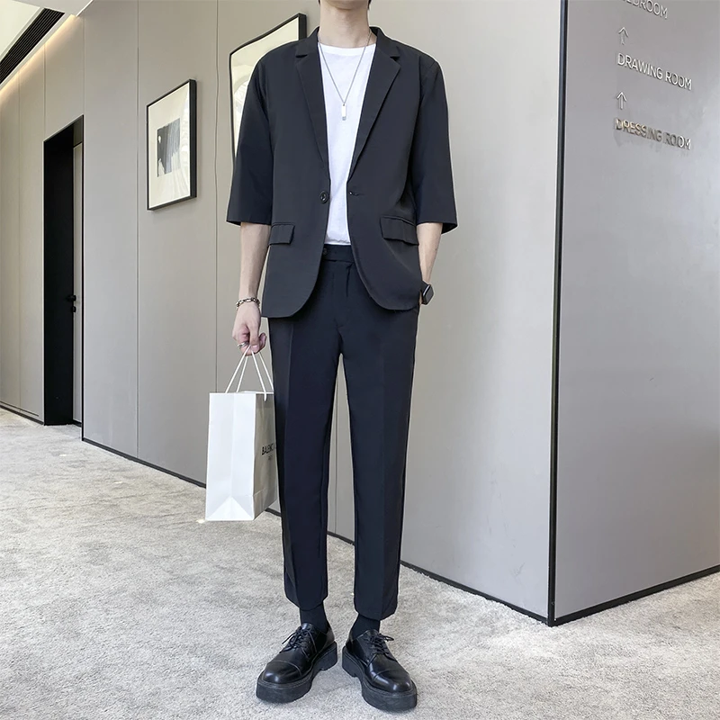 春夏季休闲西服套装男修身英伦风高级感短袖小西装潮流韩版九分裤