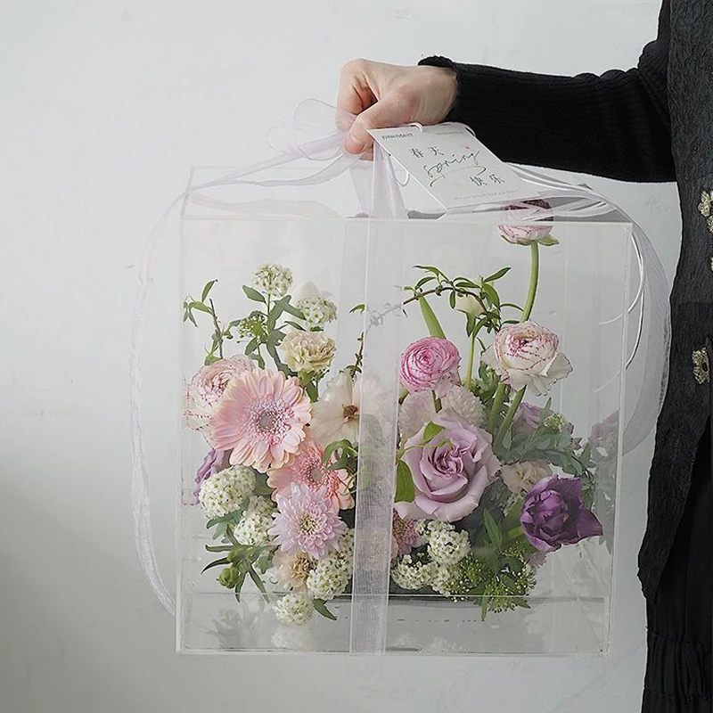 花喜爱网红pc方形花束盒情人节透明花盒鲜花插花盒小香风礼品盒