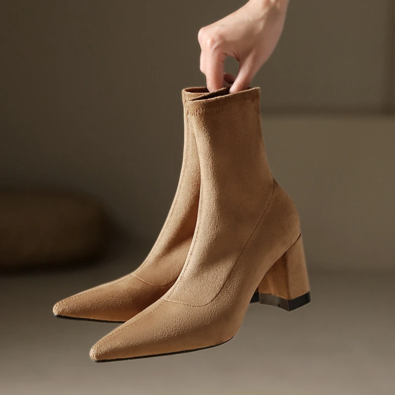 缘曦百搭尖头韩版瘦瘦靴秋冬裸靴粗跟纯色高跟靴时尚弹力靴女靴