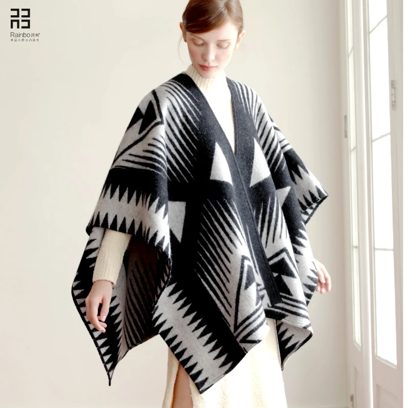 重磅加厚羊毛披肩斗篷外套女秋冬季 多功能大披巾欧美黑灰色提花