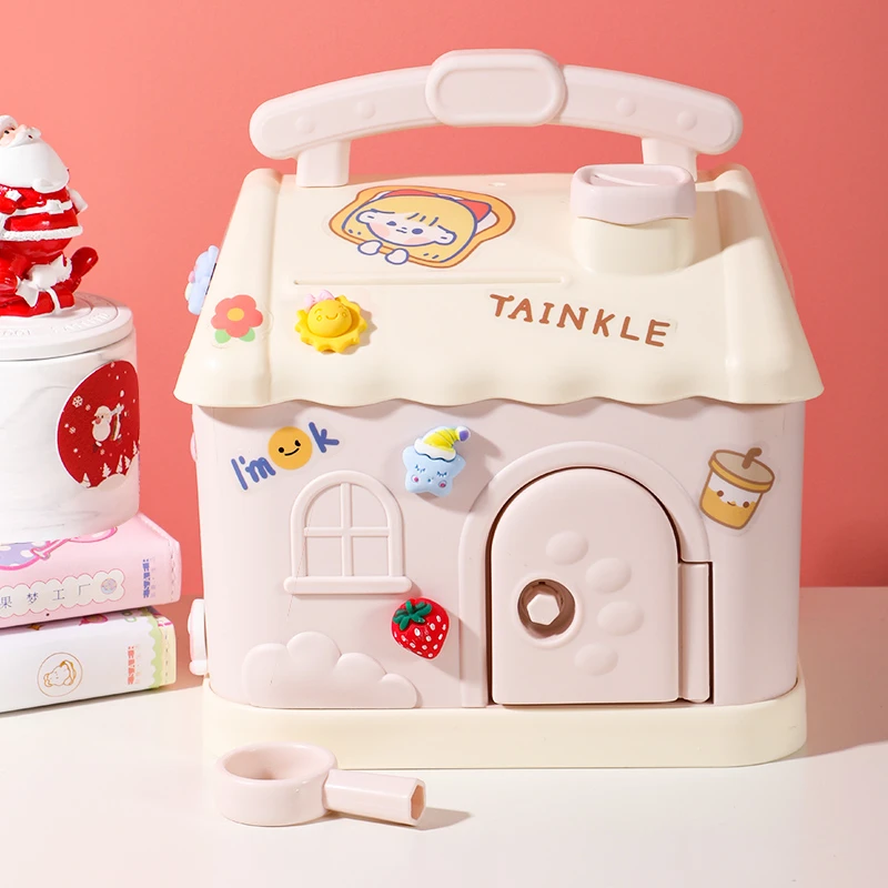 可爱儿童小房子存钱罐只进不出攒钱带锁储蓄罐女孩储钱箱家用储存