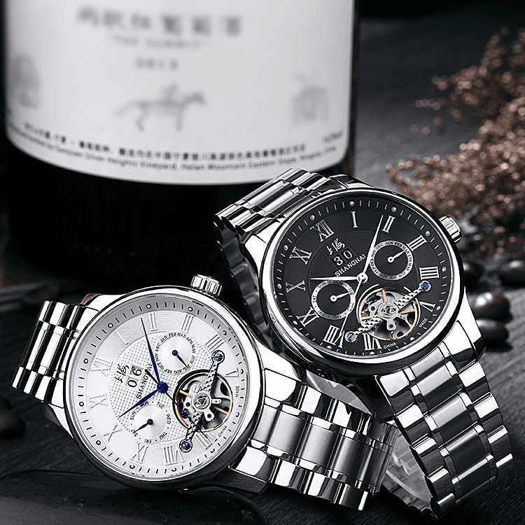 【官方正品】三眼飞轮多功能镂空机械飞轮表SH6003男士手表