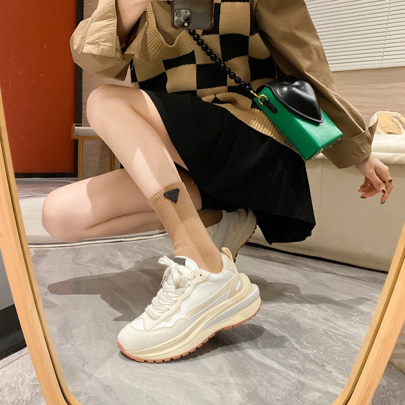 2023春秋冬季新款厚底老爹鞋女潮ins休闲真皮运动鞋阿甘华夫鞋子