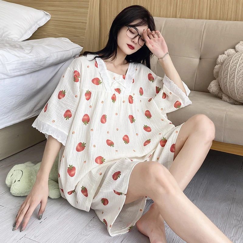 睡衣女大码胖mm200斤宽松双层纱纯棉家居服夏季薄款短袖短裤套装