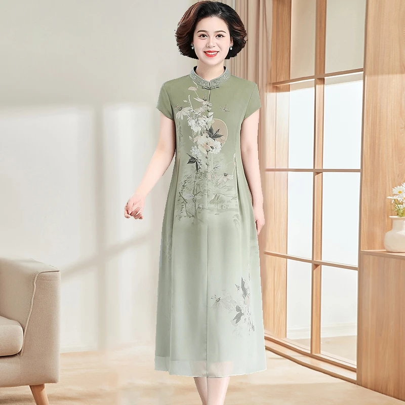 中年妈妈夏装改良旗袍连衣裙女夏季洋气新款40岁50中老年气质裙子