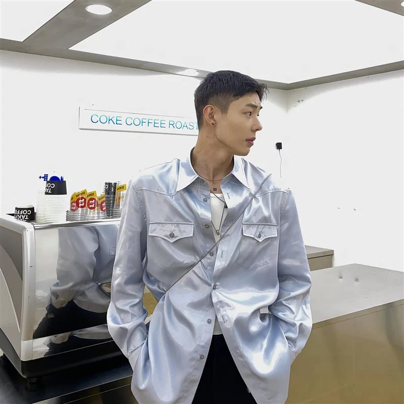 【现货】春夏四季通吃的disco珍珠扣微珠光蓝灰色衬衫