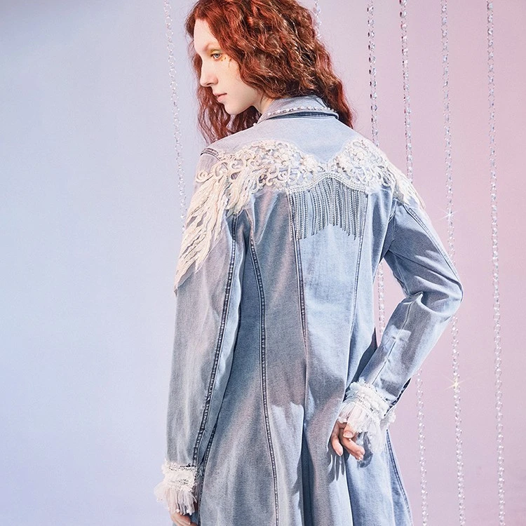 莲灿2025春夏收腰显瘦翅膀刺绣流苏牛仔长袖连衣裙女7120422001