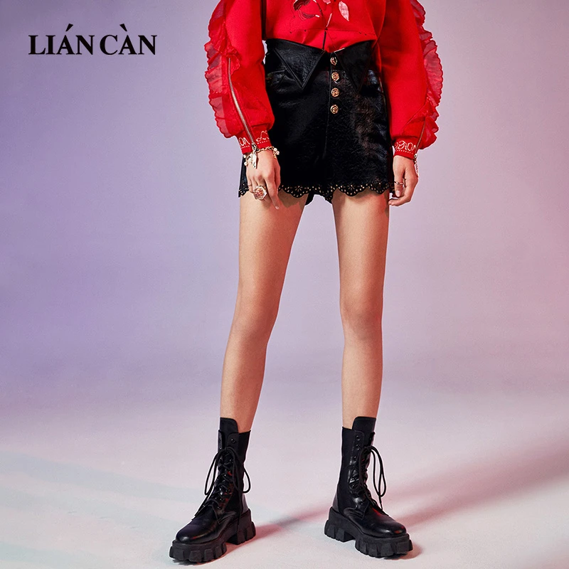 【莲灿】2025外翻高腰时尚PU压花波纹花边针织黑色休闲裤7121158001